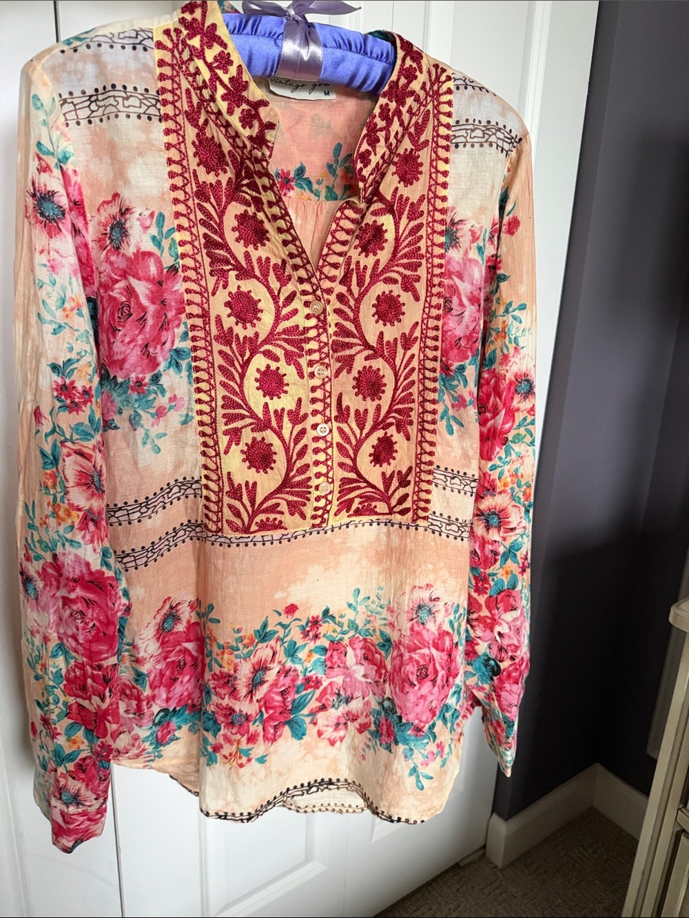 Boho Cotton Peach Floral Embroidered V-Neck Blouse with Pull Up Sleeve Button